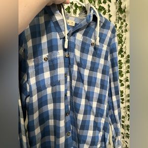 Men’s Hollister Blue and gray plaid flannel with hood medium